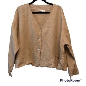 BRYN WALKER Tan Neutral Button Down Linen Top Lagenlook Lightweight Minimalist